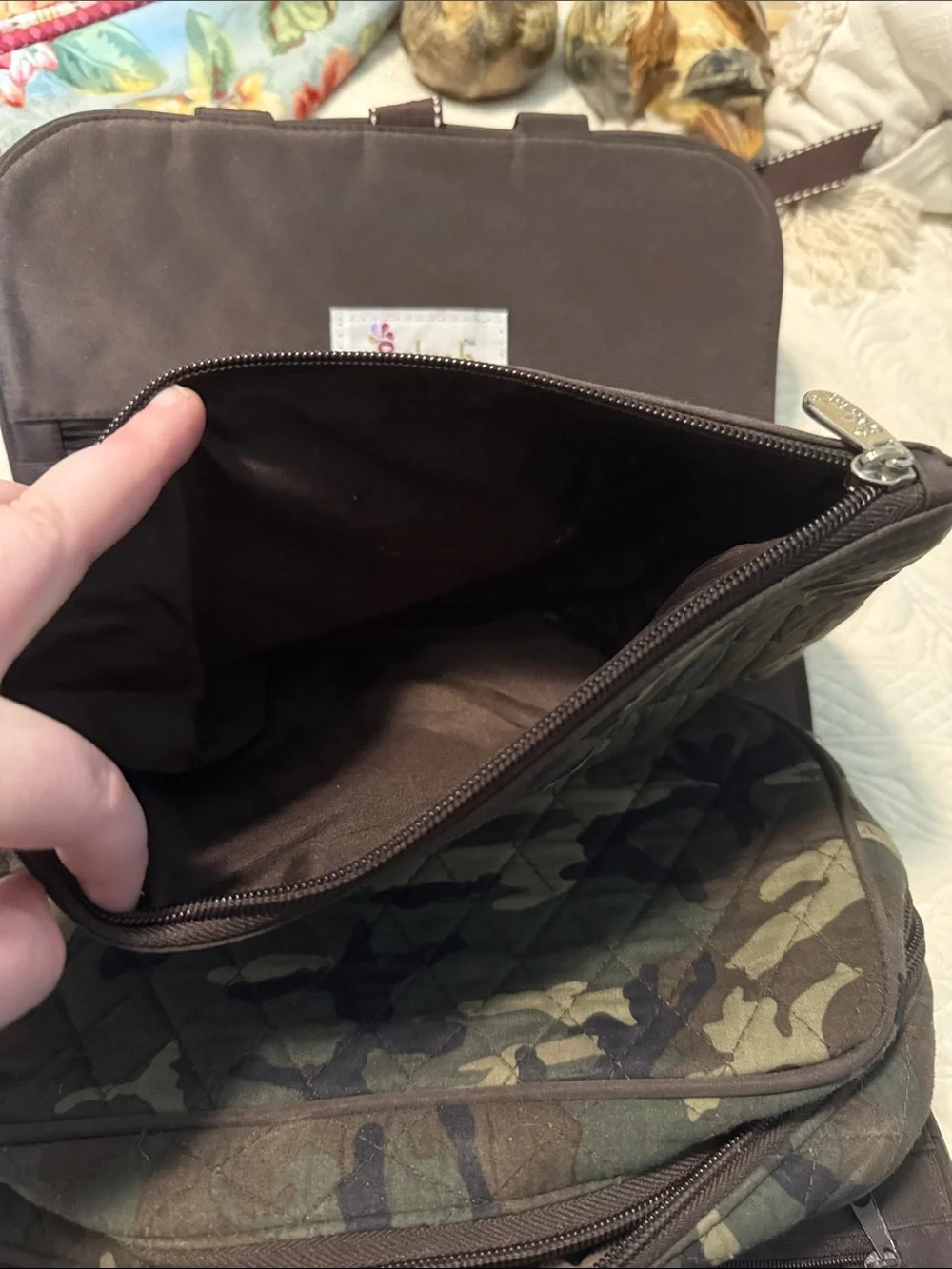 Quilted Camouflage Messenger Bag with Brown Trim